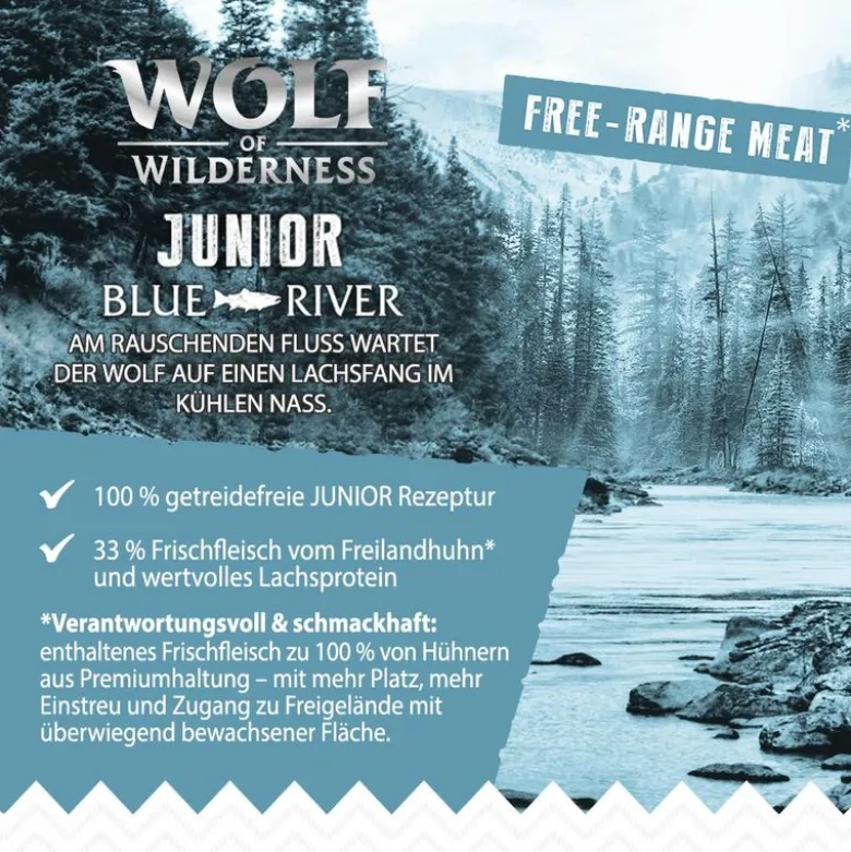 Wolf of Wilderness Junior "Blue River" – vapaana kasvanut kana & lohi
